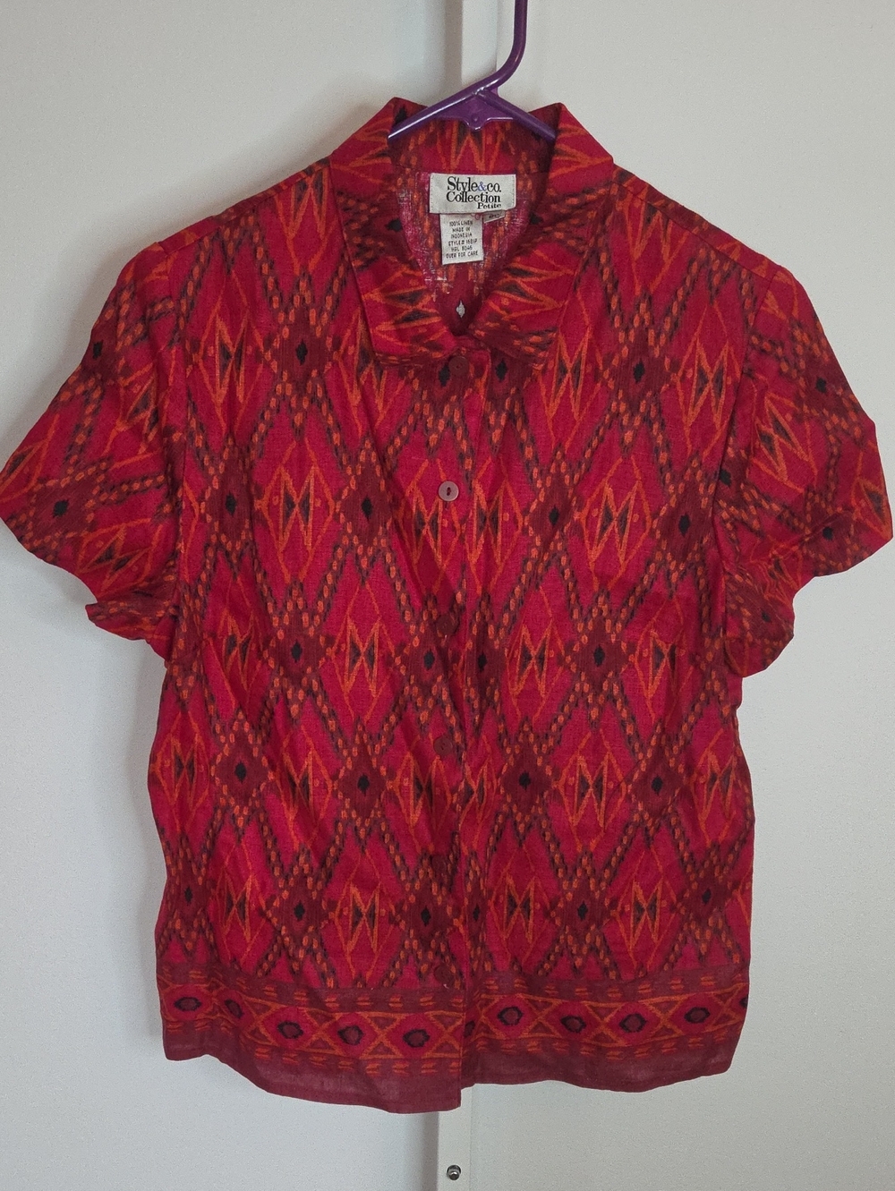 Vintage Style & Co Collection 100% Linen Ikat Button Down Shirt Red Orange 8P